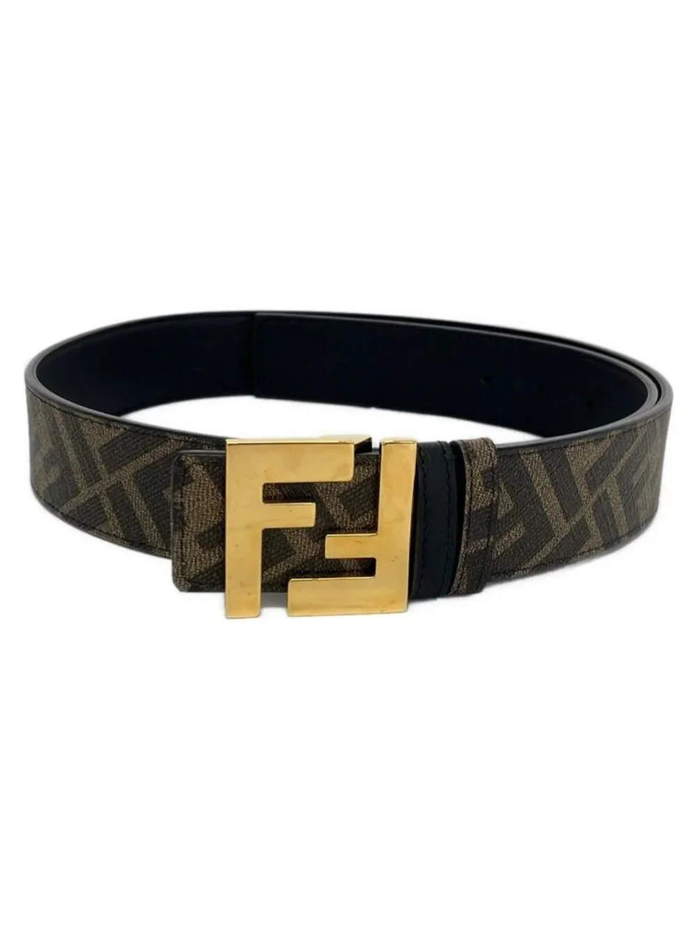 Fendi Belt Dark Brown Gold Zucca Pattern Reversible FF Square Leather
